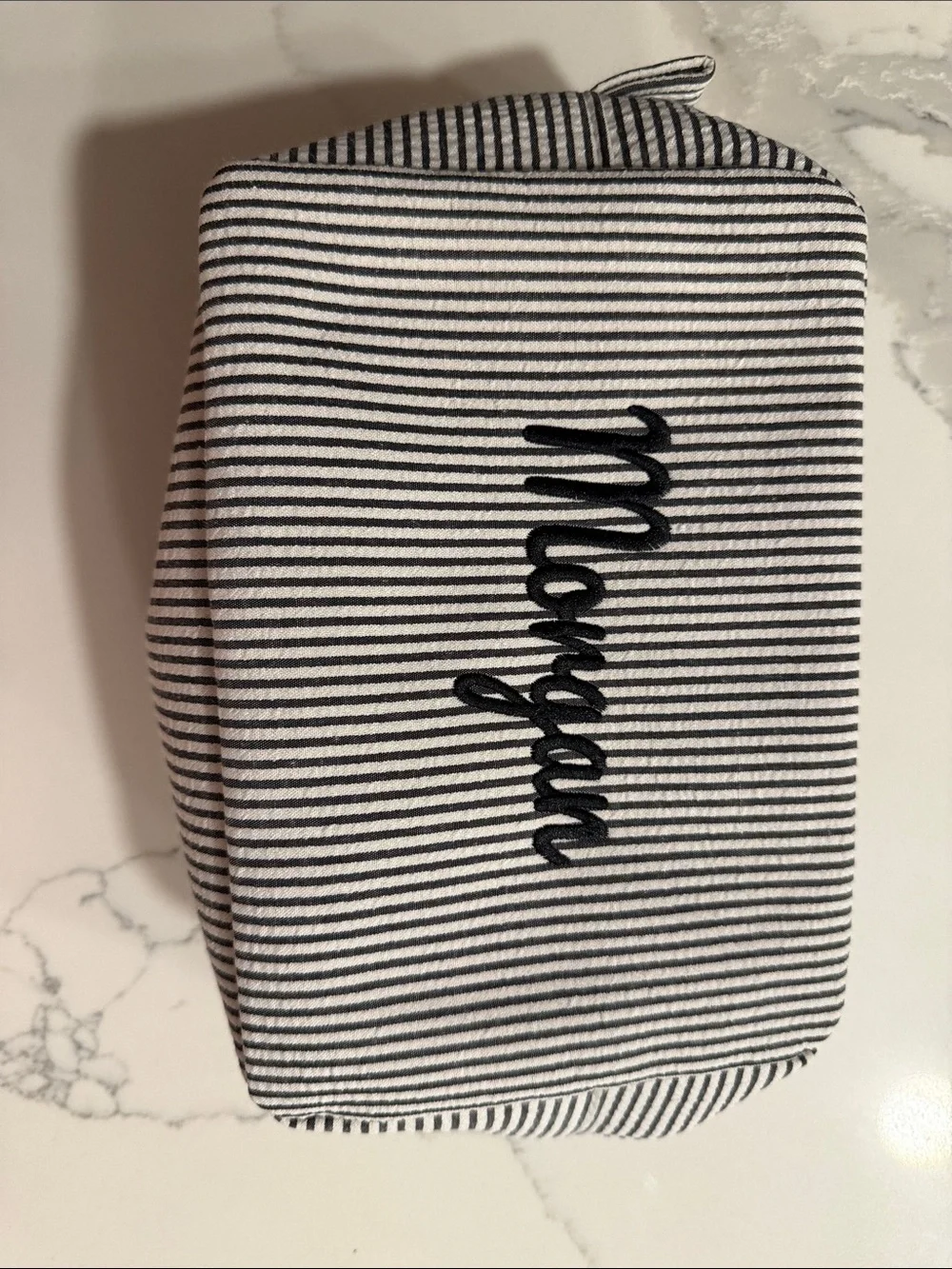 Striped Black and White Makeup Bag with Script Detail